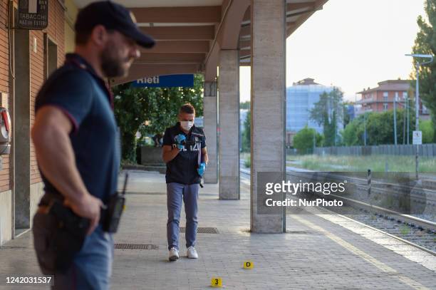 Forensic police during the scene of the attack in Rieti, Italy, on 20 July 2022.