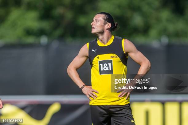 Nico Schulz of Borussia Dortmund Looks on during the Borussia Dortmund Pre-Season Training Session on July 16, 2022 in Bad Ragaz, Switzerland.