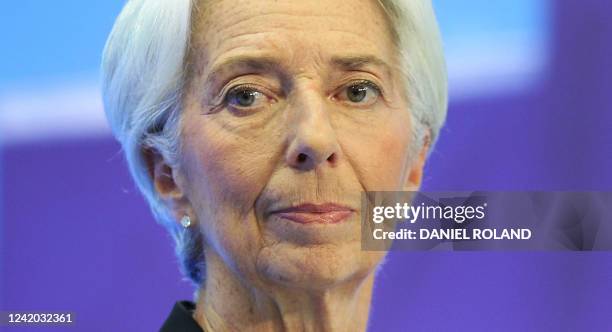 Christine Lagarde, President of the European Central Bank holds a press conference on eurozone monetary policy following the meeting of the governing...