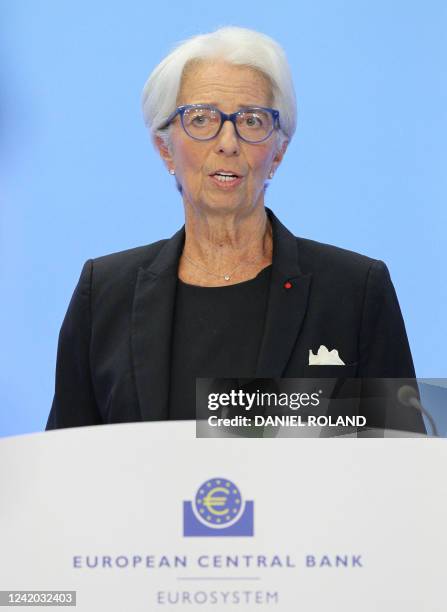 Christine Lagarde, President of the European Central Bank holds a press conference on eurozone monetary policy following the meeting of the governing...