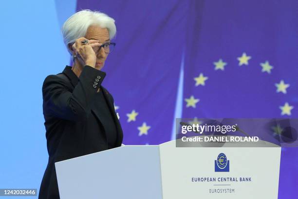 Christine Lagarde, President of the European Central Bank holds a press conference on eurozone monetary policy following the meeting of the governing...