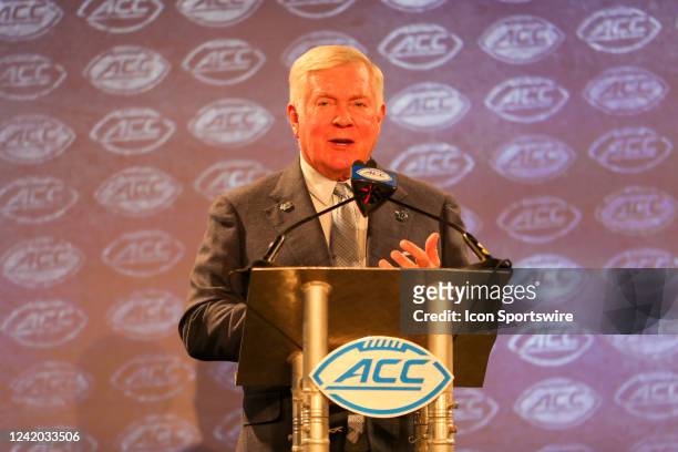 North Carolina Tar Heels Head Coach Mack Brown speaks to the media during the ACC Football Kickoff on July 21 at The Westin Charlotte in Charlotte,...