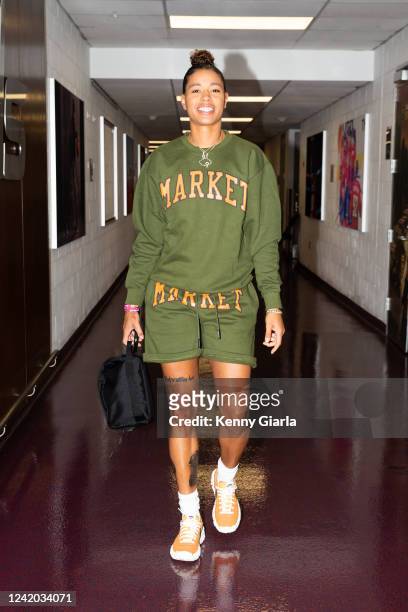 Natasha Cloud of the Washington Mystics arrives to the arena before the game against the New York Liberty on July 21, 2022 at Capital One Arena in...