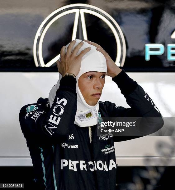 Nyck de Vries in the Mercedes garage testing the Mercedes W13 of Lewis Hamilton at the Paul Ricard circuit in Le Castellet, France, on July 21 where...