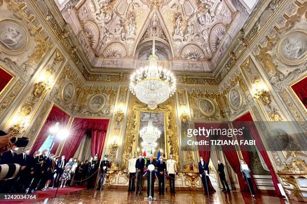 Italy's President Sergio Mattarella talks to media, at Quirinale Palace in Rome, on July 21 after his meetings with Senate and Parliament Presidents....