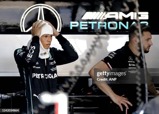 Nyck de Vries in the Mercedes garage testing the Mercedes W13 of Lewis Hamilton at the Paul Ricard circuit in Le Castellet, France, on July 21 where...