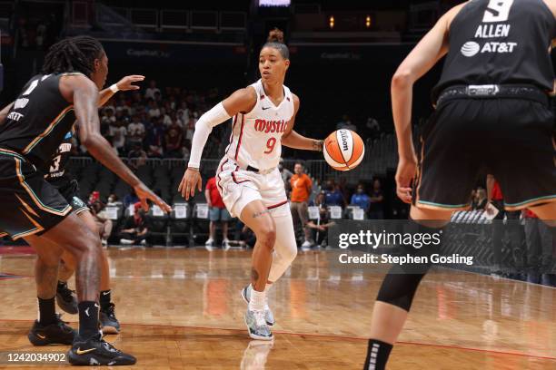 Natasha Cloud of the Washington Mystics drives to the basket during the game against the New York Liberty on July 21, 2022 at Capital One Arena in...