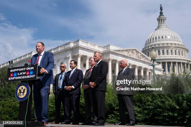 Andrew Wagner, president of the Milwaukee Police Association, speaks at during a press conference organized by U.S. Rep. Troy Nehls , at the Capitol...