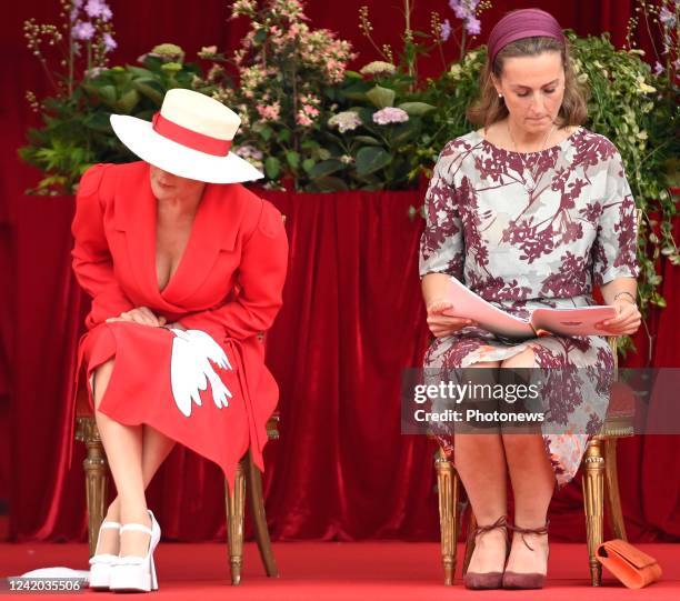 Princess Claire, Prince Laurent, Princess Delphine and M. James O'Hare pictured during the military parade for the Belgian National Day on July 21,...
