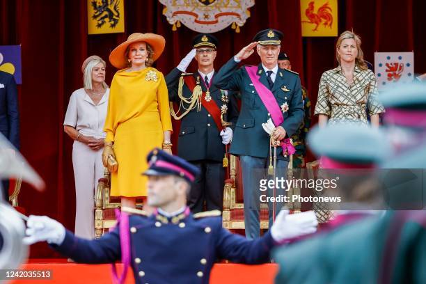 Queen Mathilde of Belgium and King Philippe of Belgium pictured during the military parade for the Belgian National Day on July 21, 2022 in Brussels,...