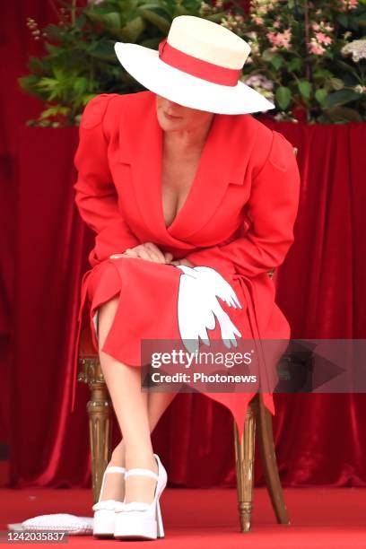 Princess Claire, Prince Laurent, Princess Delphine and M. James O'Hare pictured during the military parade for the Belgian National Day on July 21,...