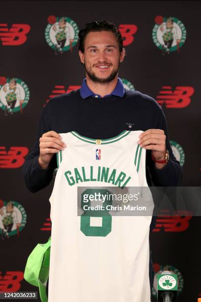 The Boston Celtics introduce new players Malcolm Brogdon and Danilo Gallinari during a press conference on July 12, 2022 at the Auerbach Center in...