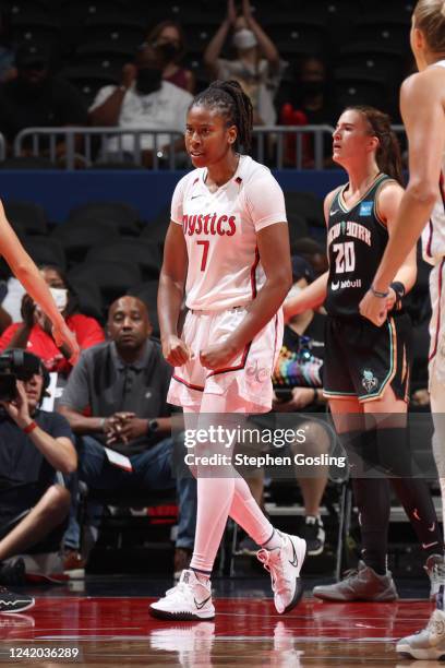 Ariel Atkins of the Washington Mystics reacts to a play during the game against the New York Liberty on July 21, 2022 at Capital One Arena in...