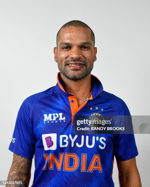 Shikhar Dhawan of India poses for a portrait in Port of Spain, Trinidad and Tobago, on July 20, 2022. - Team India is on a cricket tour against team...