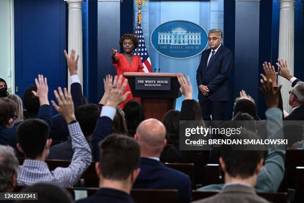 White House Press Secretary Karine Jean-Pierre and Covid-19 Response Coordinator Dr. Ashish Jha take questions from reporters during the daily...