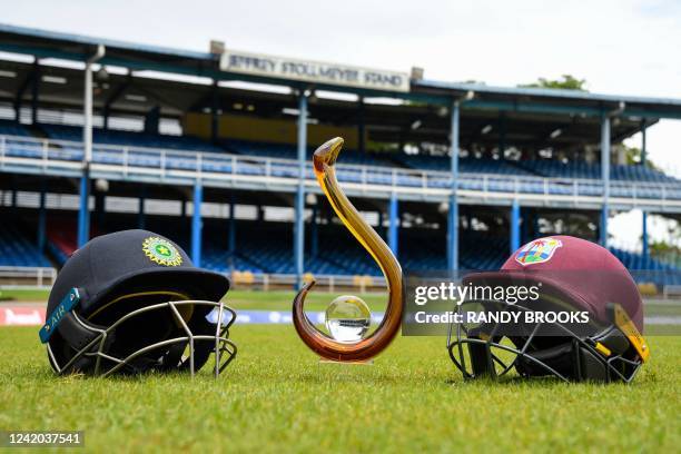 India and West Indies helmets with the ODI trophy one day before the 1st ODI match between West Indies and India at Queens Park Oval, Port of Spain,...