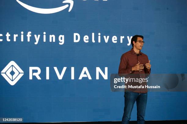 Founder and CEO of Rivian, RJ Scaringe, unveils their final custom Electric Delivery Vehicles , during a launch event between Amazon and Rivian at an...