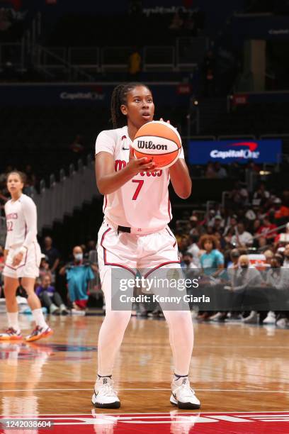 Ariel Atkins of the Washington Mystics prepares to shoot a free throw during the game against the New York Liberty on July 21, 2022 at Capital One...