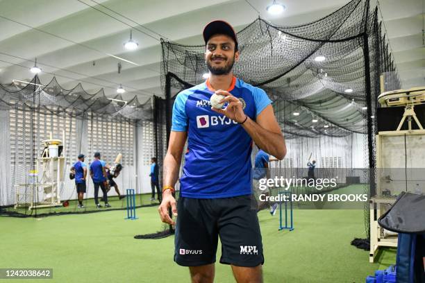 Axar Patel of India takes part in a training session one day before the 1st ODI match between West Indies and India at Queens Park Oval, Port of...