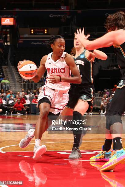 Shatori Walker-Kimbrough of the Washington Mystics drives to the basket during the game against the New York Liberty on July 21, 2022 at Capital One...