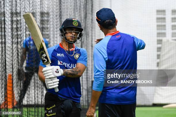 Ishan Kishan of India takes part in a training session one day before the 1st ODI match between West Indies and India at Queens Park Oval, Port of...