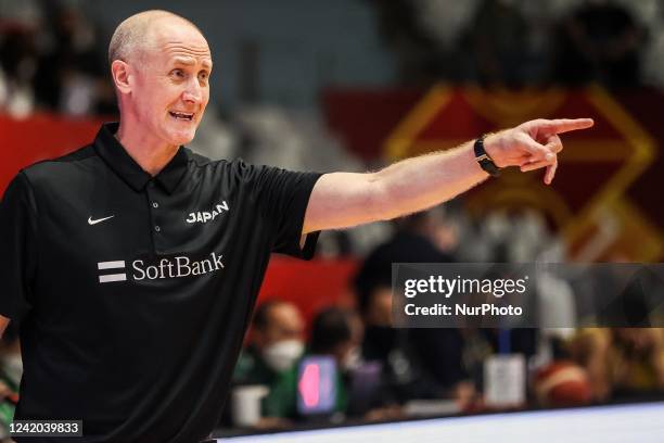 Head coach Tom Hovasse of Japan reacts against Australia during their quarterfinal match at FIBA Asia Cup 2022 basketball tournament in Jakarta,...