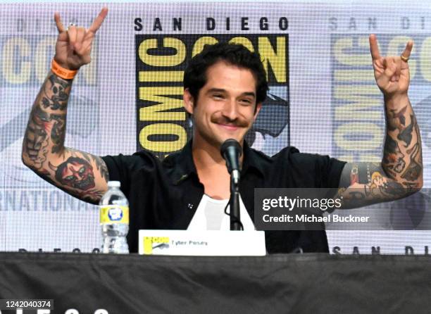 Tyler Posey speaks at the Teen Wolf: The Movie panel in Hall H at the 2022 Comic-Con International held at the San Diego Convention Center on July...