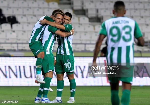 Players of Konyaspor celebrate after the UEFA Conference League second qualifying round first leg match between Bate Borisov and Arabam.com Konyaspor...