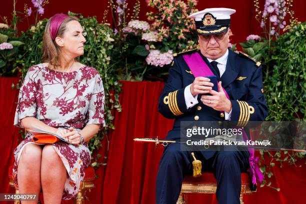 Prince Laurent of Belgium and Princess Claire of Belgium attend the military parade in the front of the Royal Palace at National Day on July 21, 2022...