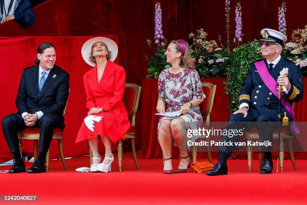 Jim O'Hare, Princess Delphine of Belgium, Princess Claire of Belgium and Prince Laurent of the military parade in the front of the Royal Palace at...