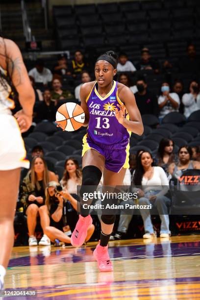 Chiney Ogwumike of the Los Angeles Sparks drives to the basket during the game against the Indiana Fever on July 19, 2022 at Crypto.Com Arena in Los...