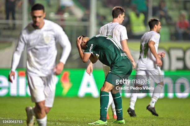 Jose Lopez of Palmeiras reacts during a match between America Mineiro and Palmeiras as part of Brasileirao 2022 at Independencia Stadium on July 21,...