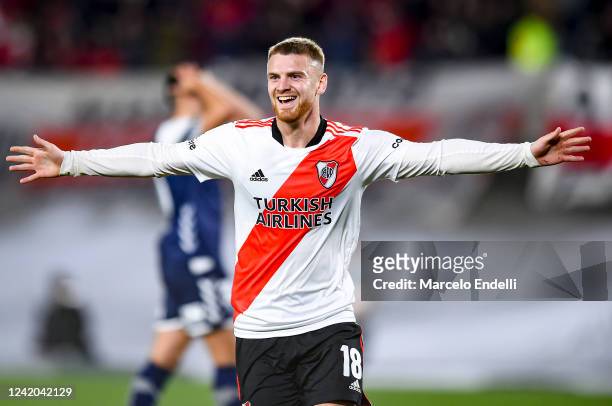 Lucas Beltran of River Plate celebrates after scoring the first goal of his team during a match between River Plate and Gimnasia y Esgrima La Plata...