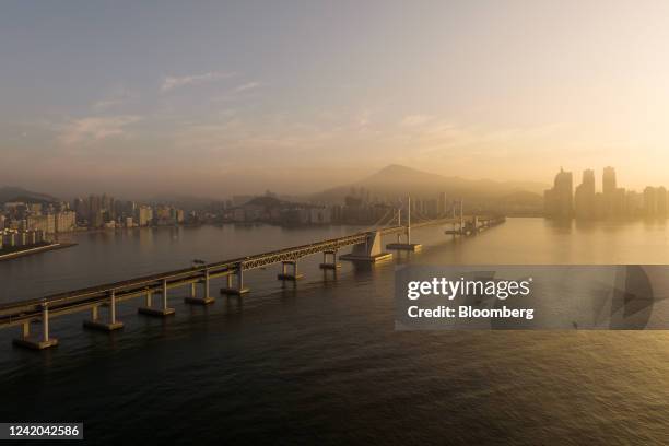 The Gwangan Bridge at sunrise in Busan, South Korea, on Friday, July 15, 2022. South Korea is scheduled to release its gross domestic product figures...