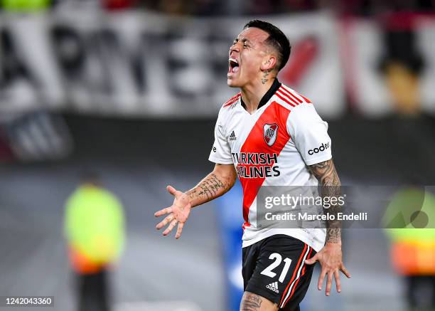 Esequiel Barco of River Plate reacts during a match between River Plate and Gimnasia y Esgrima La Plata as part of Liga Profesional 2022 at Estadio...