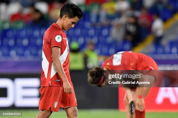Scarleth Flores of peru looks dejected after losing a Group B match between Brazil and Peru as part of Women's CONMEBOL Copa America Peru 2022 at...