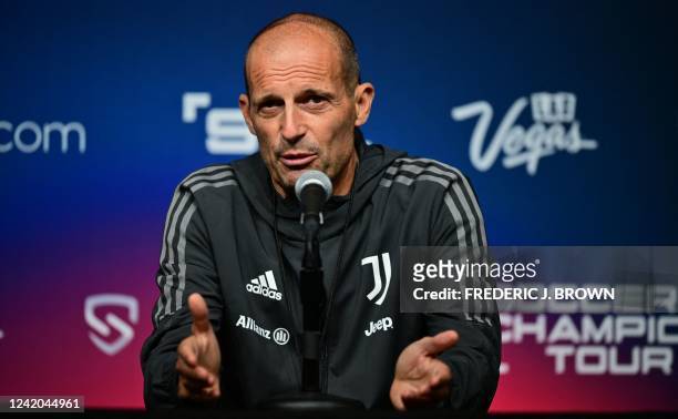 Juventus coach Massimiliano Allegri speaks during a press conference at Allegiant Stadium in Las Vegas, Nevada on July 21 one day ahead of the Soccer...