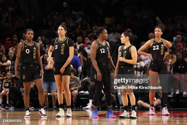 The Las Vegas Aces look on during the game against the Indiana Fever on July 21, 2022 at Michelob ULTRA Arena in Las Vegas, Nevada. NOTE TO USER:...