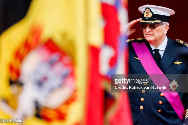 Prince Laurent of Belgium attend the military parade in the front of the Royal Palace at National Day on July 21, 2022 in Brussels, Belgium.
