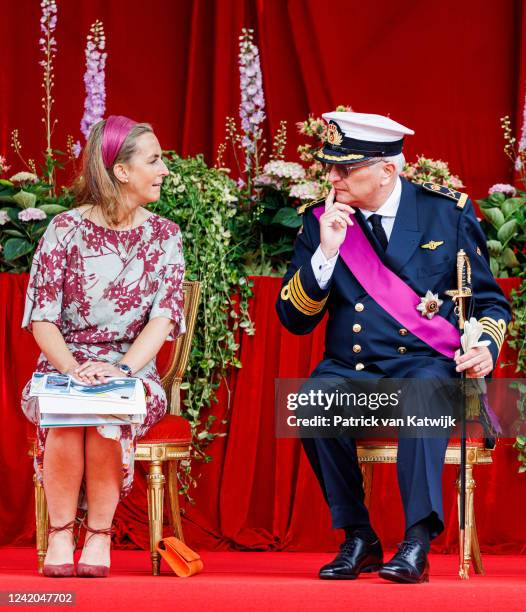 Prince Laurent of Belgium and Princess Claire of Belgium attend the military parade in the front of the Royal Palace at National Day on July 21, 2022...