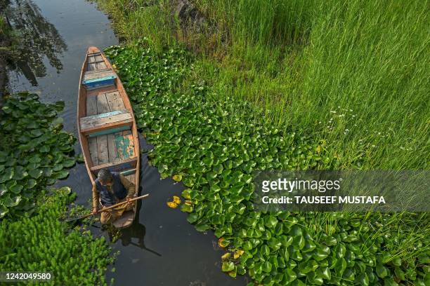Man rows a boat through the interior channels of Dal Lake in Srinagar on July 22, 2022.