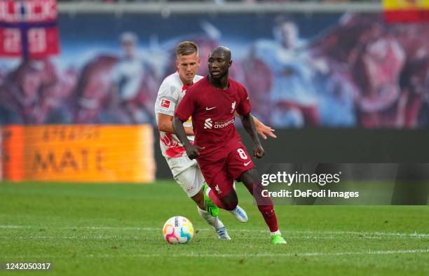 Naby Keita of Liverpool FC controls the ball during the pre-season friendly match between RB Leipzig and Liverpool FC at Red Bull Arena on July 21,...