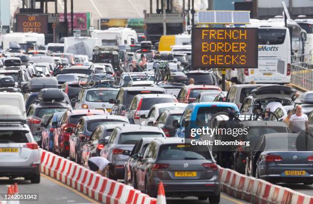Long queues of travelers at French border control before boarding ferries from the Port of Dover Ltd. In Dover, UK, on Friday, July 22, 2022. The...