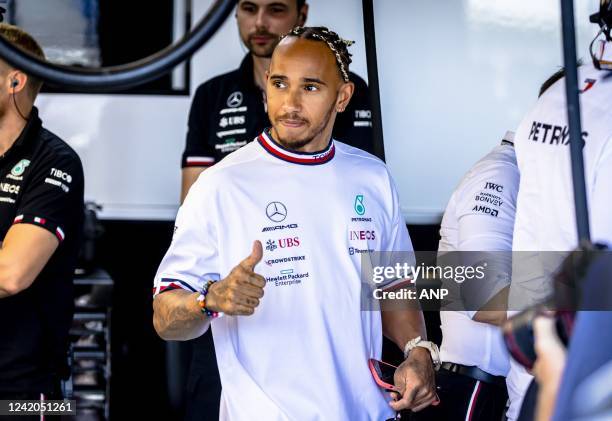 Lewis Hamilton in the garage to watch Nick de Vries drive his car during practice 1 leading up to the F1 Grand Prix of France at Circuit Paul Ricard...
