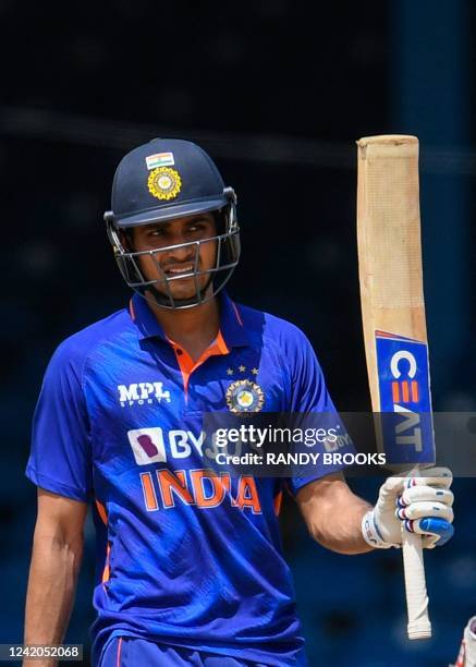 Shubman Gill of India celebrates his half century during the 1st ODI match between West Indies and India at Queens Park Oval, Port of Spain, Trinidad...