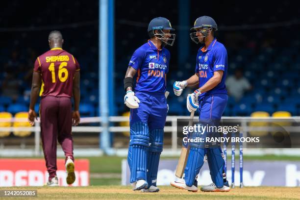 Shikhar Dhawan and Shubman Gill of India 100 partnership during the 1st ODI match between West Indies and India at Queens Park Oval, Port of Spain,...