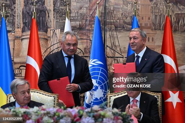 United Nations Secretary-General Antonio Guterres, Russian Defence Minister Sergei Shoigu, Turkish Defence Minister Hulusi Akar and Turkish President...