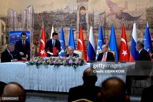 Russian Defence Minister Sergei Shoigu , United Nations Secretary-General Antonio Guterres , Turkish President Recep Tayyip Erdogan and Turkish...