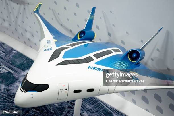 Scaled model of an Airbus Blended-Wing Body zero emission concept aircraft, on display at the Farnborough Airshow, on 22nd July 2022, at Farnborough,...