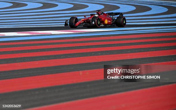 Ferrari's Monegasque driver Charles Leclerc steers his car during the second free practice session ahead of the French Formula One Grand Prix at the...